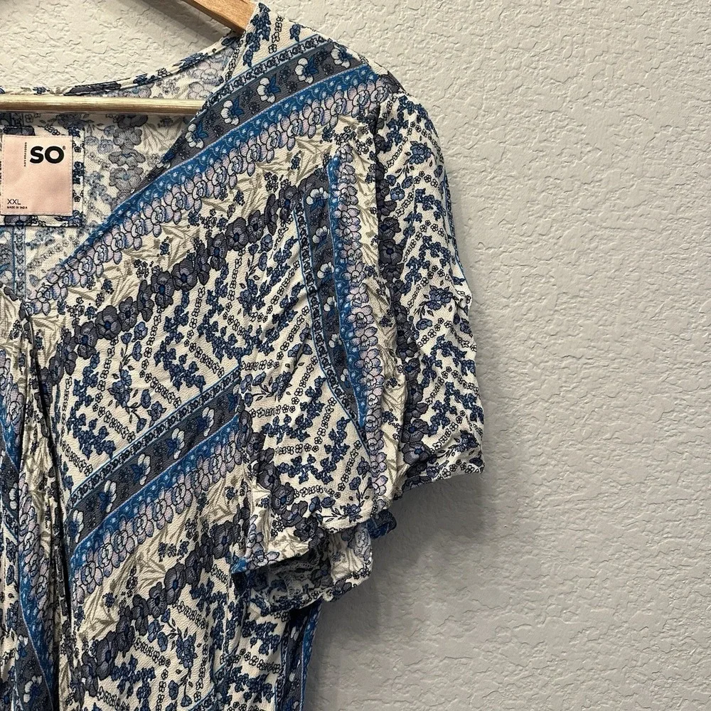 SO Goods For Life Blue Floral Stripe Faux‎ Wrap Dress XXL Short Sleeve V-Neck